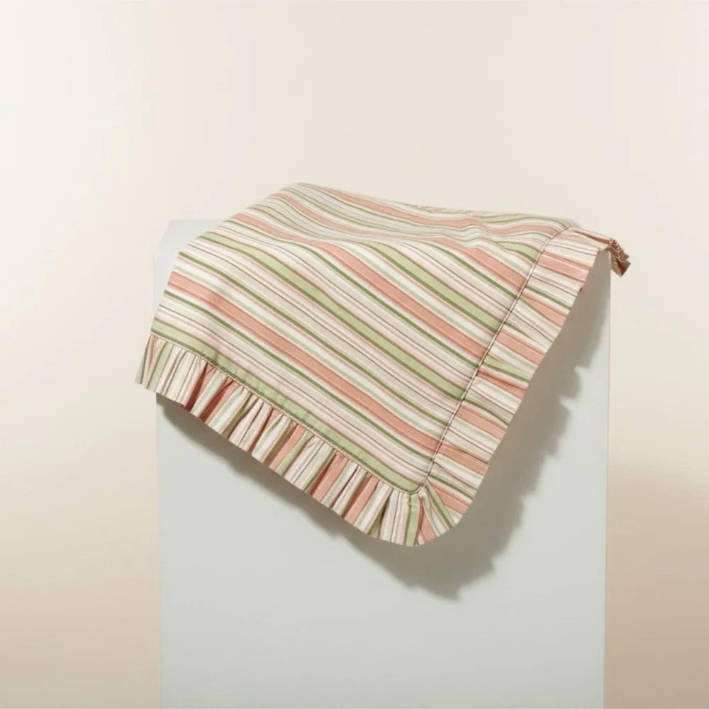 Striped Ruffled 2 Pillowcase - Pink & Green Earth Tone Retro